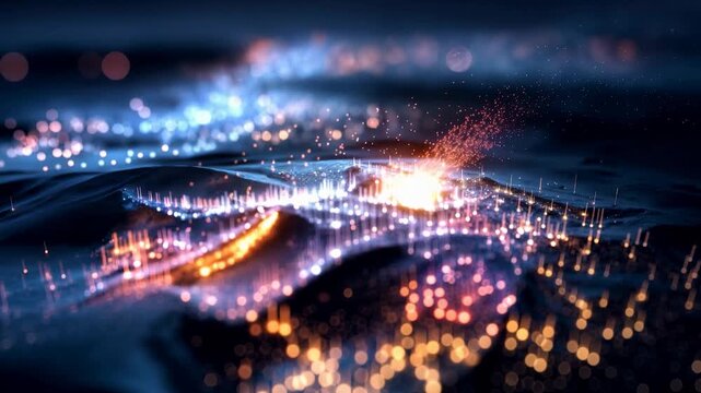 Glowing digital terrain with luminous waves symbolizing big data artificial intelligence and seamless information exchange in futuristic networked world