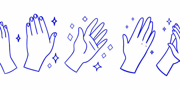 A series of blue line art illustrations depicting hands clapping and praising