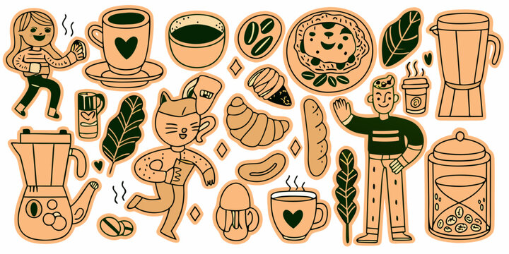 A collection of hand drawn coffee pastries and people enjoying beverages
