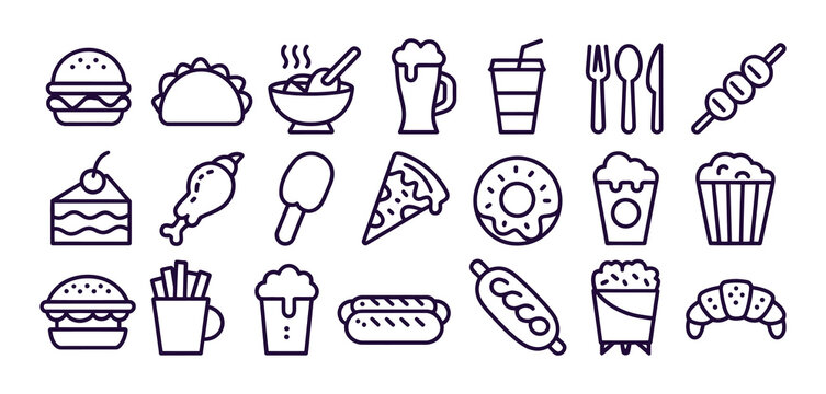 fast food flat line icons set, burger fast snacks sandwich french fries hot dog mexican burrito pizza, modern outline style, minimal vector illustration, clean editable design, restaurant menu element
