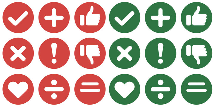 Validation and agreement icon set with red and green circles, representing approval, rejection, and denial symbols, clean isolated vector illustration