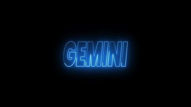 Gemini text animation in neon blue pops against a sleek black. 4k animated typography Ideal for astrology opener videos, horoscope graphics, or zodiac related content.