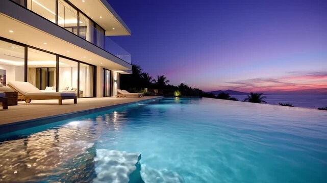 Modern villa with infinity pool at sunset