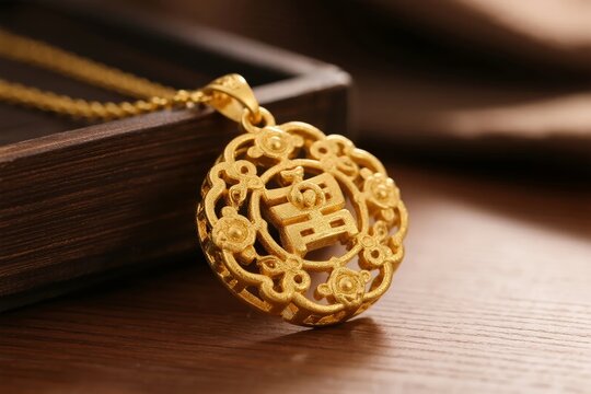 Golden pendant with intricate floral design and Chinese double happiness symbol resting on wooden surface