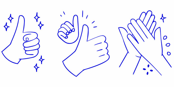 Blue line art depicting various hand gestures of praise and support