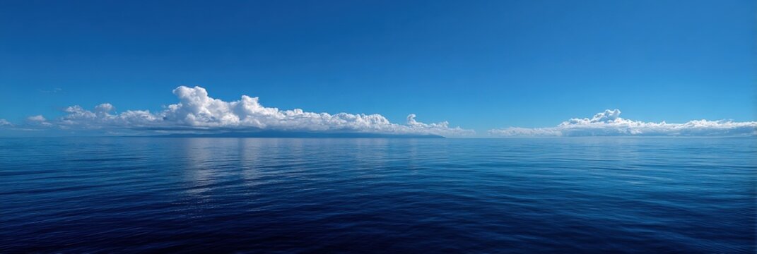 Calm azure blue ocean horizon with long cloud bank reflected on glassy water, tranquil wide seascape emphasizing mirror surface, vast open water and peaceful maritime calm