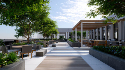 Obraz premium A modern outdoor dining area with tables and chairs, trees. The space is inviting with a sleek, contemporary design, creating a perfect spot for relaxation or social gathering
