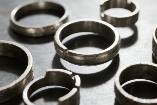 Metal retaining rings arranged on a dark surface, showcasing industrial components with precise machining and metallic finish