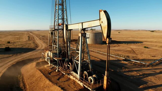 Oil Pump Operation in Arid Terrain: An oil pump operates diligently amidst a vast arid landscape, conveying the industrial process.