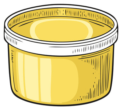 Open pot with yellow ghee or honey in a vintage hand drawn vector illustration style
