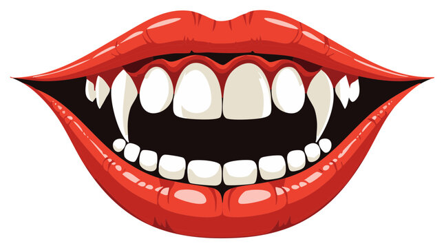 Vampire mouth with sharp teeth and red lips for Halloween design, scary monster with fangs and tongue