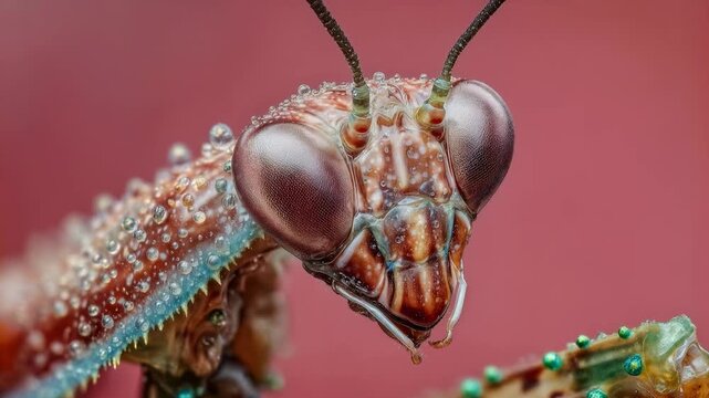 Colorful praying mantis in vivid macro shot displaying delicate features expressive eyes and striking posture against soft pastel background