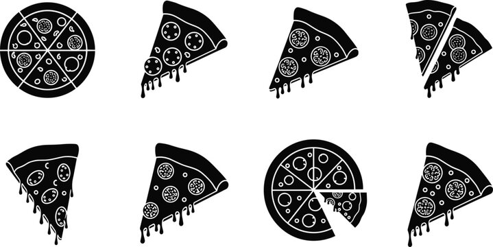Pizza slice and whole pizza icon set with dripping cheese toppings silhouette vector illustration for Italian fast food menu design