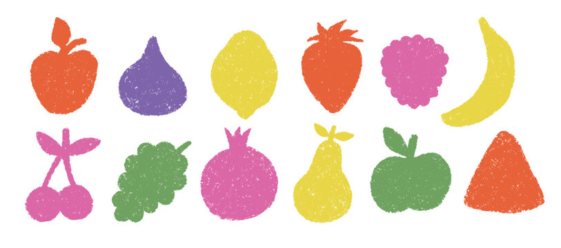 Hand drawn playful colorful fruit stickers. Children chalk element fruits for labels. Lemon, pear, watermelon, grape