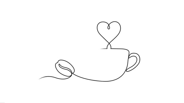 Animated Coffee cup with coffee bean and love sign continuous line art. 