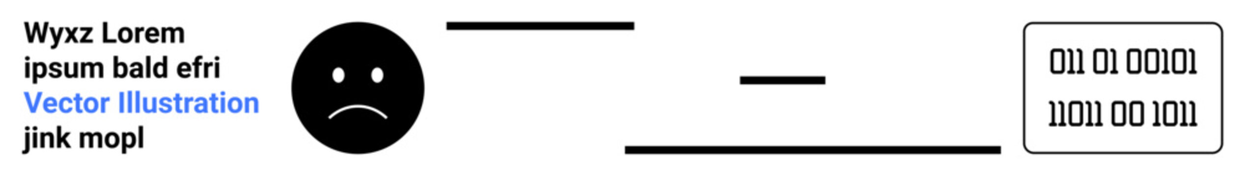 Technology, emotions, binary code, digital communication, coding, human feelings. Sad face icon with lines and binary numbers. Technology and emotions illustrated in simple graphic layout