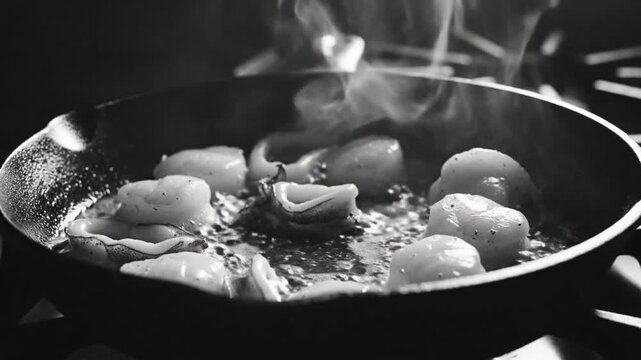 Black and white close up of fresh cuttlefish searing in a hot cast iron pan with steam rising