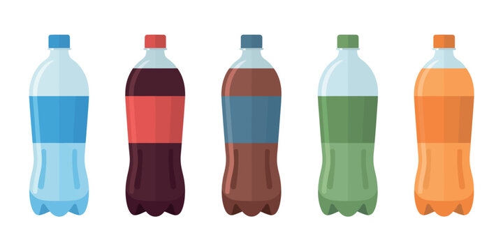 Vector water bottle icons showing plastic bottles, mineral water, soda, and fizzy drink designs for beverage product, packaging, and digital illustration