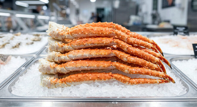 Bright orange thick raw crab legs in a modern supermarket fish counter