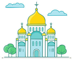 Fototapeta premium Stylized Orthodox Church with Golden Domes and Trees Under Cloudy Sky