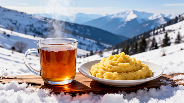 Steaming Hot Turkish Tea and Traditional Muhlama Served Outdoors Amidst the Serene Snowy Landscape of Ayder Plateau Rize Winter