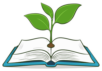 Fototapeta premium Young plant growing from an open book representing growth wisdom and new ideas
