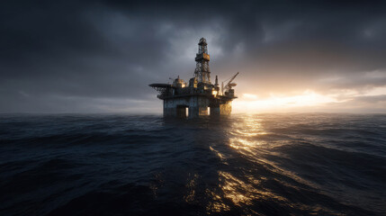 Obraz premium An offshore oil rig at sea during a sunrise, symbolizing industry and energy exploration