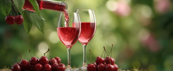 Naklejka premium Experience the joy of rose wine flowing beside ripe red cherries in a lively setting