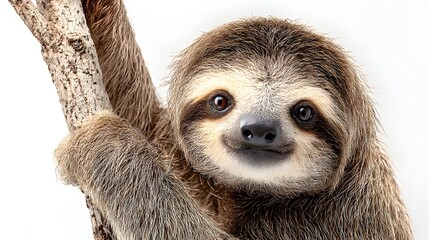 Obraz premium Close-up of a calm sloth hanging on a branch, showcasing textured fur.