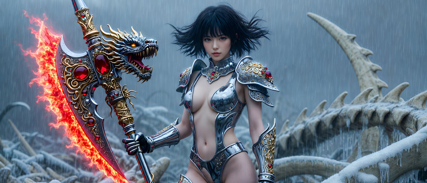 クロームの鎧を着たドラゴンスレイヤー美少女　A beautiful dragon slayer girl in chrome armor.
