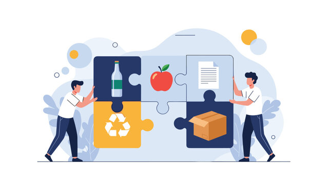 Professional men working together to assemble a jigsaw puzzle with recycling and food icons representing sustainability goals.