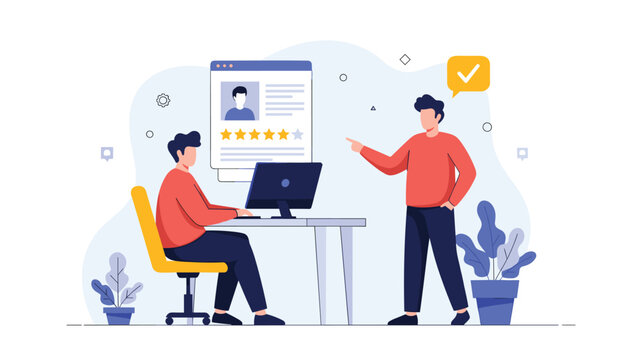 Human resources team reviewing a candidate profile with a high star rating on a digital screen in a modern office environment.