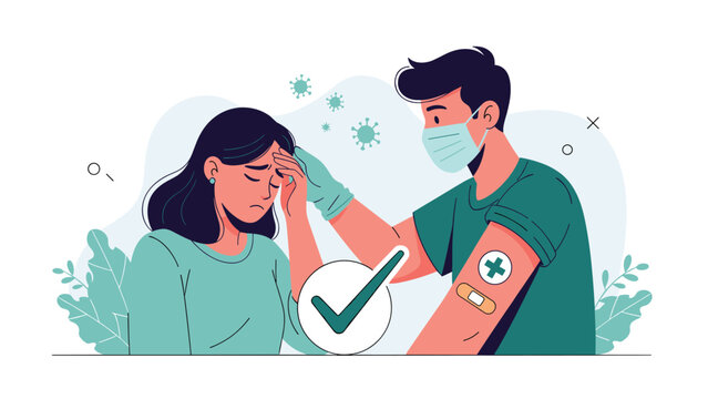 Male doctor wearing a mask and checking a woman temperature during a medical examination in a healthcare clinic setting.