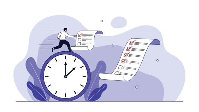 Man running on top of a giant clock while trying to complete multiple checklists under the pressure of a deadline.