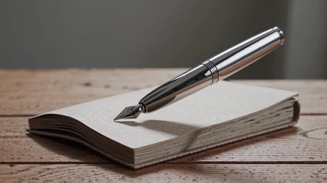 Elegant Writing Setup. Refined Stationery With Artistic Flair. Sophisticated Pen Beside Journal Under Natural Light. Charming Image Of Elegant Pen On Notebook Surface In Warm Illumination