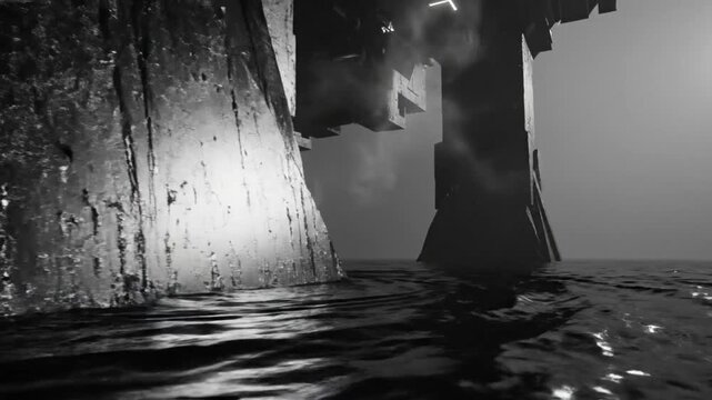 Mysterious monolith structure rises from dark water with a moody cinematic atmosphere, ominous and surreal