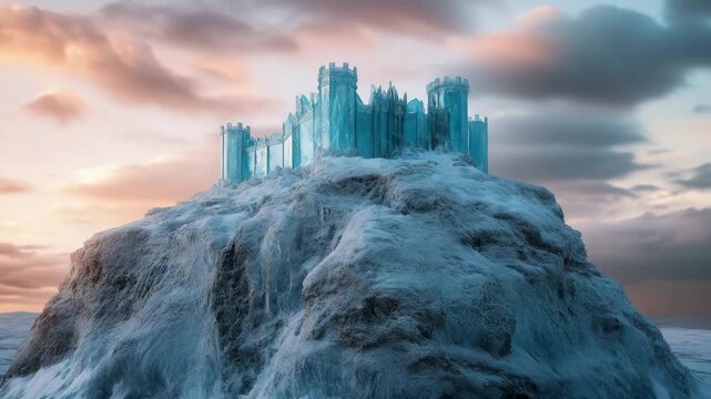 Majestic ice castle rises high above clouds on a snowy mountain peak under a bright blue sky
