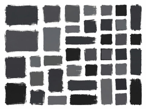 Set of black and gray hand-painted brush stroke rectangles and grunge frames isolated on white background
