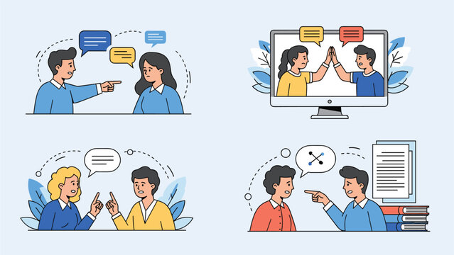 Collection of vector scenes illustrates various aspects of interpersonal communication, including conflict, virtual teamwork, and teaching.