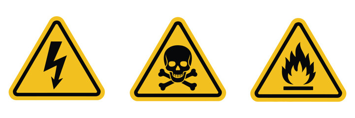 Obraz premium warning triangular caution shapes signs with various danger symbols, hazard flammable electrical high voltage biohazard skull with bone,clean hazard signage graphics.