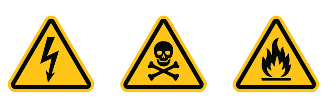 warning triangular caution shapes signs with various danger symbols, hazard flammable electrical high voltage biohazard skull with bone,clean hazard signage graphics.