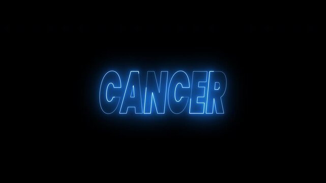 Cancer text animation with a neon blue glow. 4k animated typography suitable for health and medical awareness campaigns, cancer related articles, and social media posts.