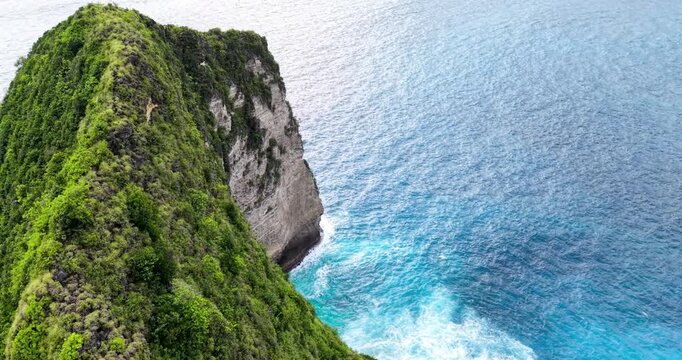 rone close-up of the iconic Kelingking Cliff ridge in Nusa Penida, Bali, resembling a T-Rex shape, with lush greenery and turquoise ocean waves below along the dramatic coastline.
