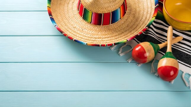 Vibrant Cinco de mayo celebration setup with sombrero, maracas, and drink on a table