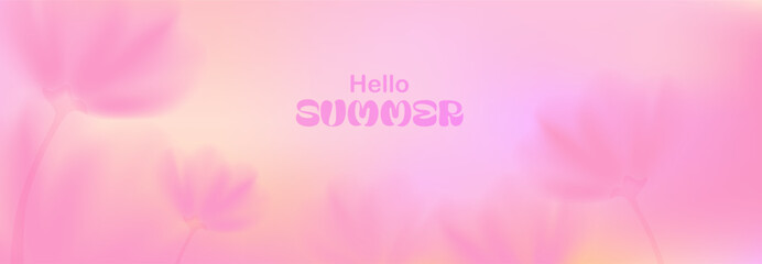 Blurred spring, summer flowers. Macro flowers. Pink, yellow soft colors. Blurry landscape with plants. Design for card, invitation, cover, post. Place for text.