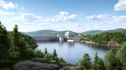 Obraz premium A majestic dam structure in a serene landscape with calm water and a clear sky