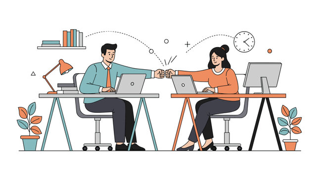 Two office colleagues celebrate a successful collaboration by giving each other a fist bump while working at their desks with their laptops.