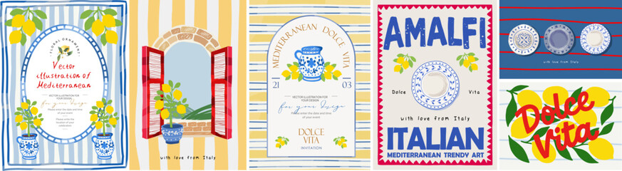 Fototapeta na wymiar Mediterranean Italian Amalfi. Vector aesthetic illustrations of lemons, a window with shutters, vase, ceramics, a frame, a striped pattern, dishes and a plate for an invitation, poster, template, card