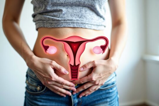 A Woman Holding Her Abdomen with a Double Exposure of the Female Reproductive System