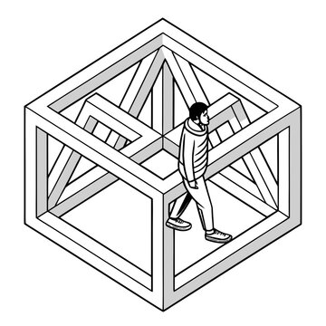 Vector illustration of a man trapped in a maze cube